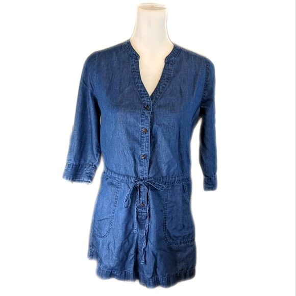 Express blue chambray button up 3/4 sleeve romper, denim, elastic & drawstring S - Picture 1 of 8